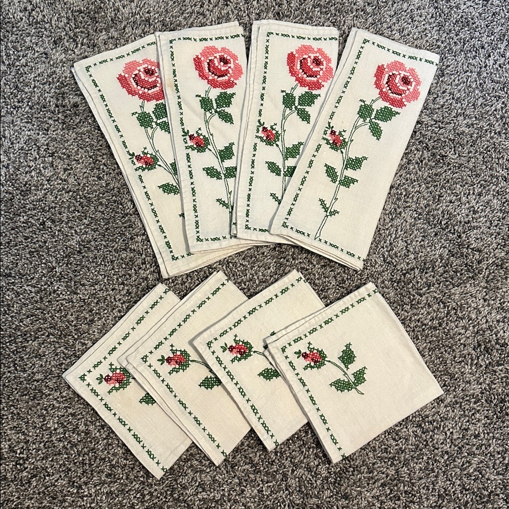 Set of Vintage Embroidered Linen Placemats and Napkins